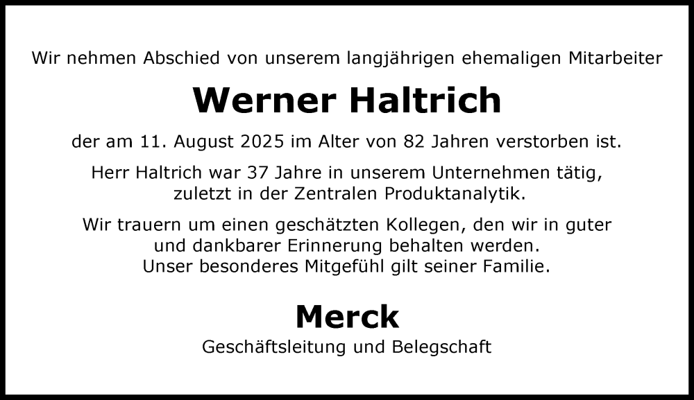  Traueranzeige für Werner Haltrich vom 30.08.2025 aus Darmstädter Echo
