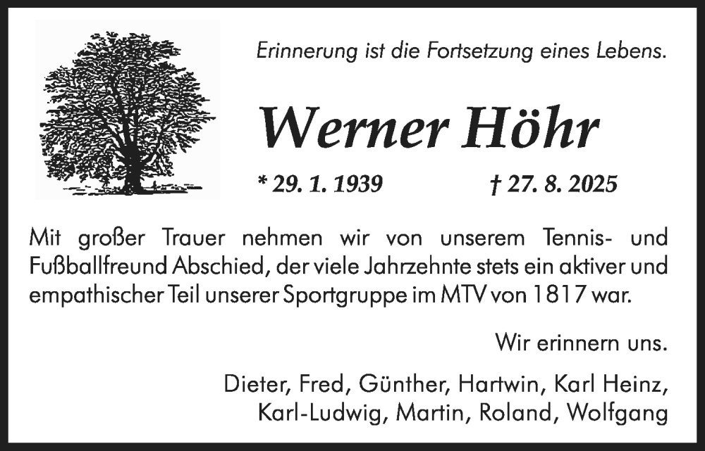  Traueranzeige für Werner Höhr vom 27.09.2025 aus Allgemeine Zeitung Mainz