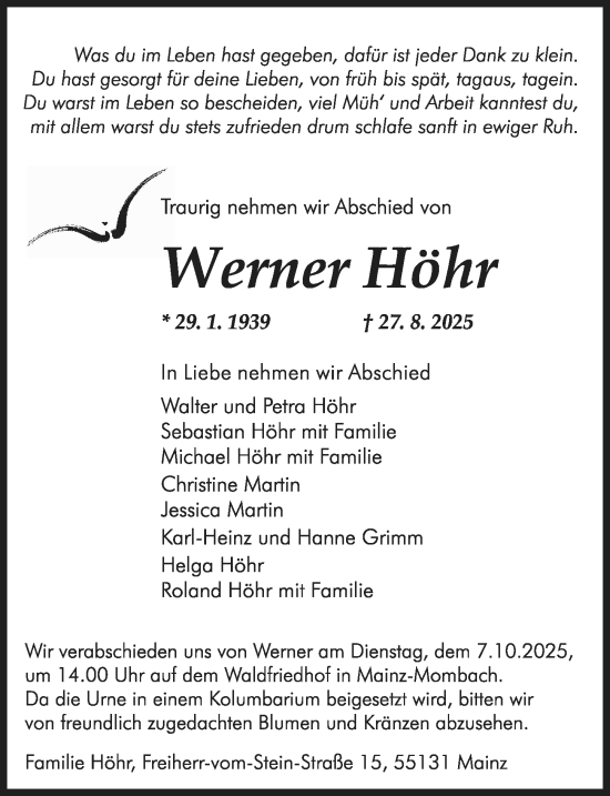 Traueranzeige von Werner Höhr von Allgemeine Zeitung Mainz