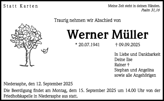 Traueranzeige von Werner Müller von Hinterländer Anzeiger