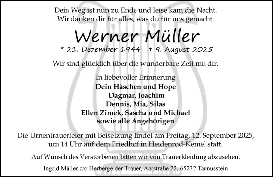 Traueranzeige von Werner Müller von Wiesbadener Kurier