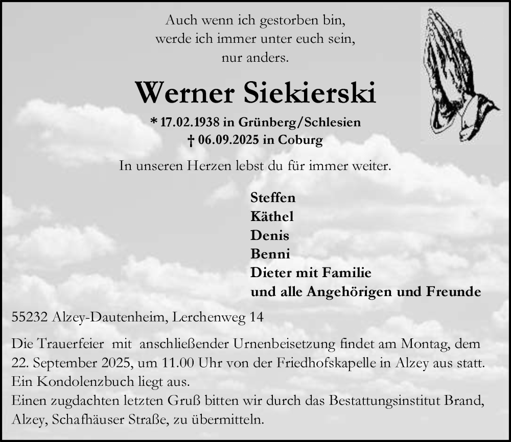  Traueranzeige für Werner Siekierski vom 13.09.2025 aus Allgemeine Zeitung Alzey
