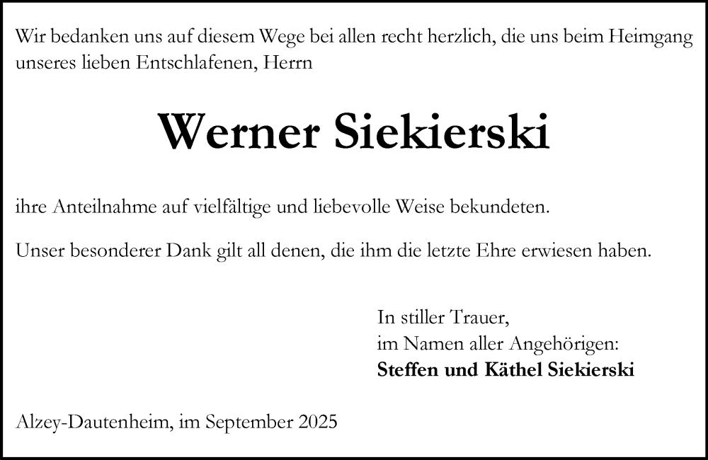  Traueranzeige für Werner Siekierski vom 27.09.2025 aus Allgemeine Zeitung Alzey
