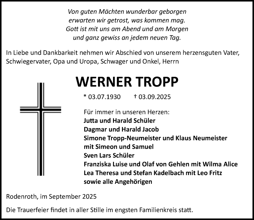  Traueranzeige für Werner Tropp vom 13.09.2025 aus Dill Block