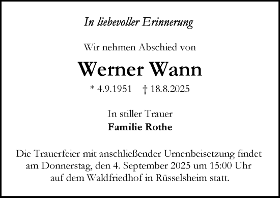 Traueranzeige von Werner Wann von Rüsselsheimer Echo