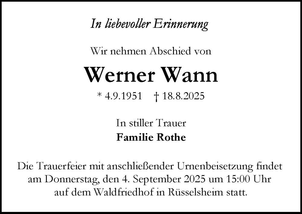  Traueranzeige für Werner Wann vom 30.08.2025 aus Rüsselsheimer Echo