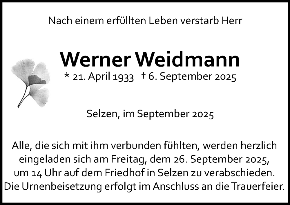  Traueranzeige für Werner Weidmann vom 20.09.2025 aus Allgemeine Zeitung Mainz