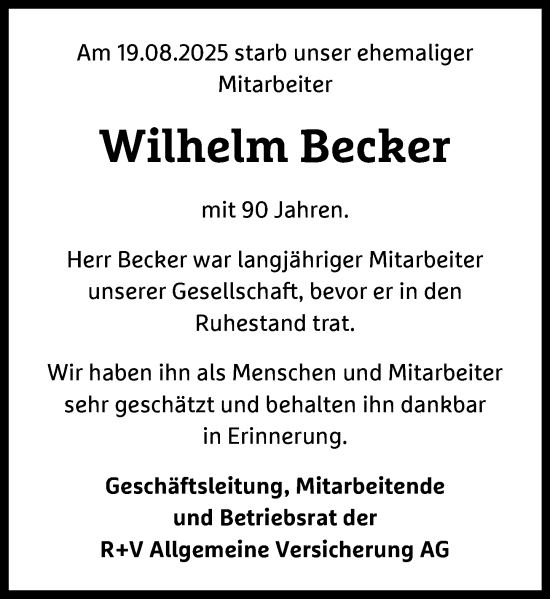 Traueranzeige von Wilhelm Becker von Wiesbadener Kurier
