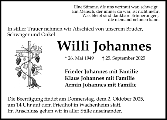 Traueranzeige von Willi Johannes von Allgemeine Zeitung Alzey