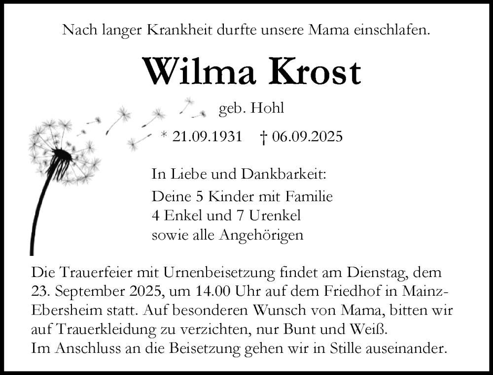  Traueranzeige für Wilma Krost vom 13.09.2025 aus Allgemeine Zeitung Mainz
