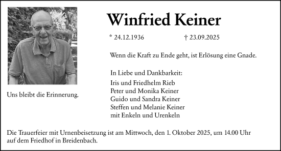 Traueranzeige von Winfried Keiner von Hinterländer Anzeiger