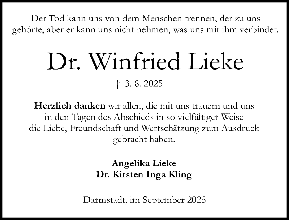  Traueranzeige für Winfried Lieke vom 13.09.2025 aus Darmstädter Echo