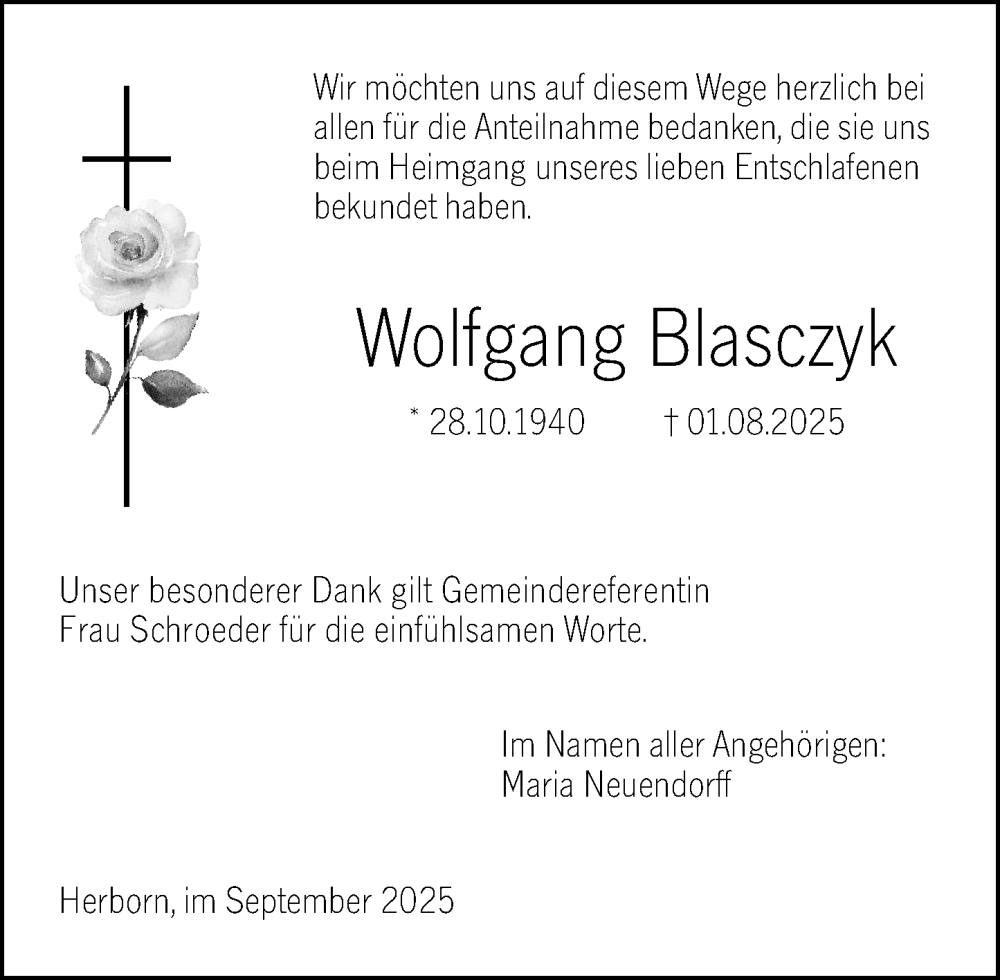  Traueranzeige für Wolfgang Blasczyk vom 20.09.2025 aus Dill Block
