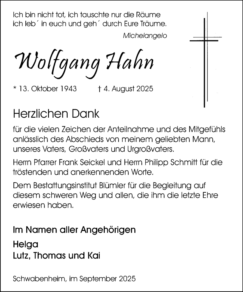  Traueranzeige für Wolfgang Hahn vom 13.09.2025 aus Allgemeine Zeitung Rheinhessen-Nahe