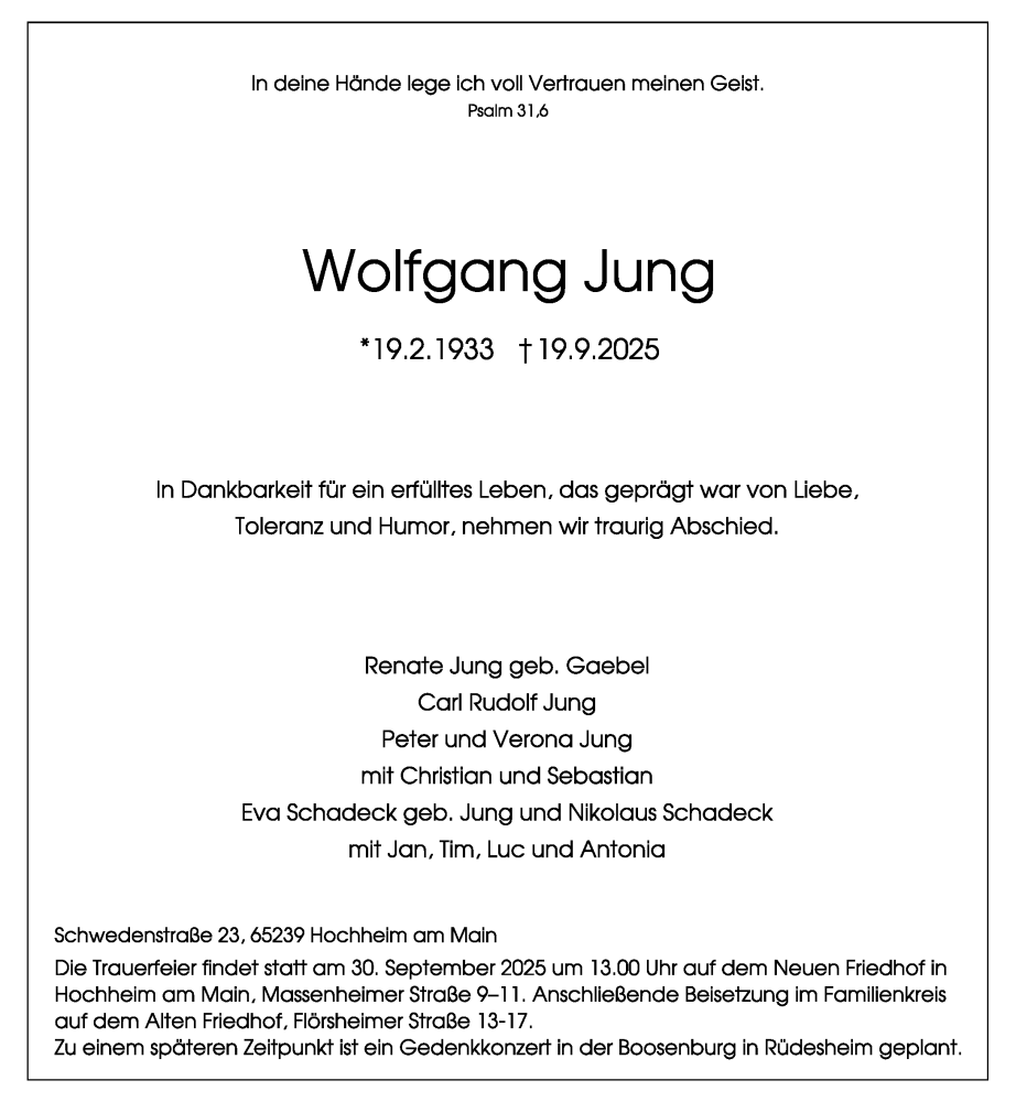  Traueranzeige für Wolfgang Jung vom 25.09.2025 aus Wiesbadener Kurier