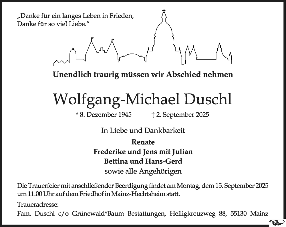  Traueranzeige für Wolfgang-Michael Duschl vom 06.09.2025 aus Allgemeine Zeitung Mainz