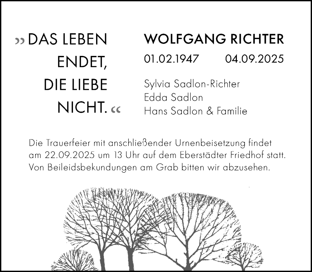  Traueranzeige für Wolfgang Richter vom 13.09.2025 aus Darmstädter Echo