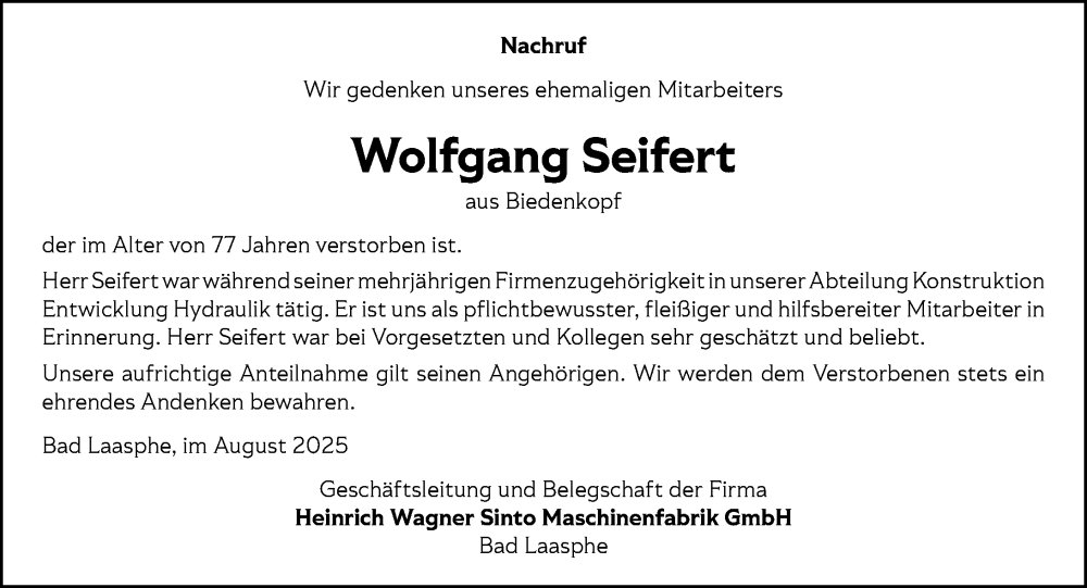  Traueranzeige für Wolfgang Seifert vom 30.08.2025 aus Hinterländer Anzeiger