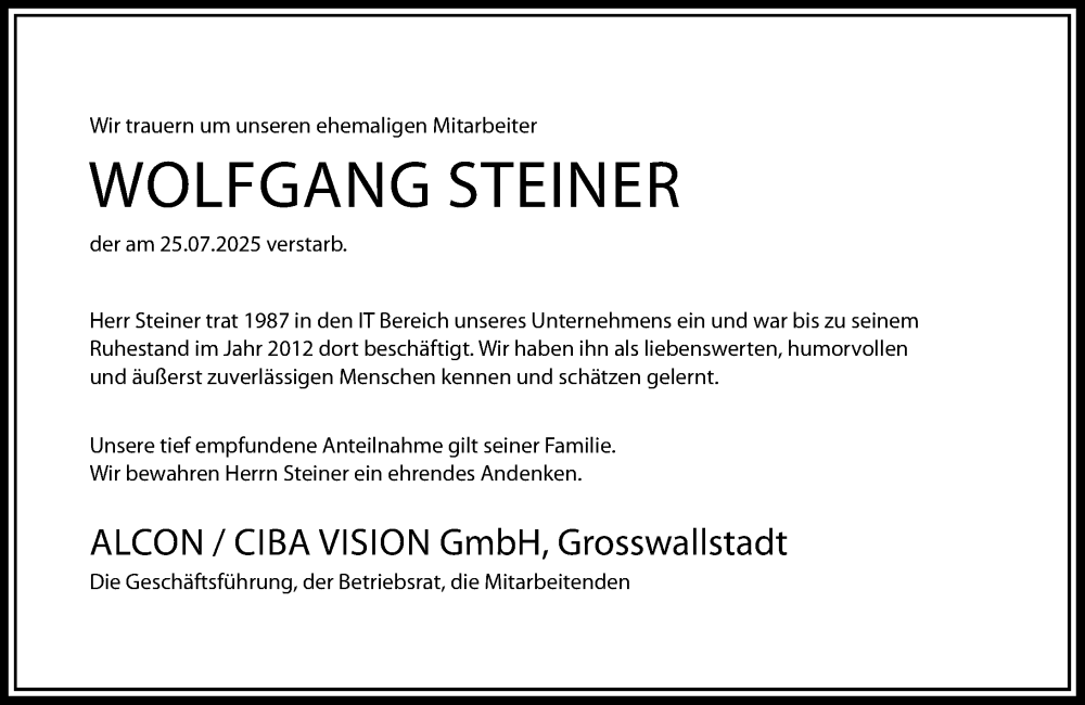  Traueranzeige für Wolfgang Steiner vom 06.09.2025 aus Odenwälder Echo