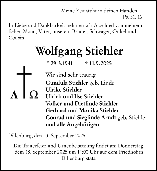 Traueranzeige von Wolfgang Stiehler von Dill Block