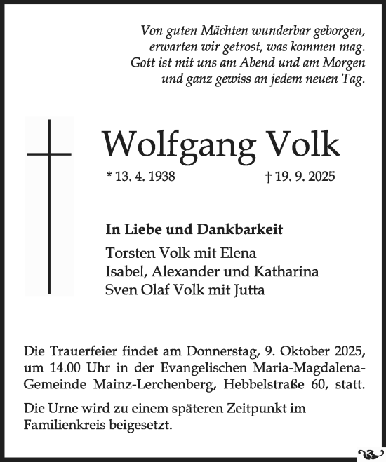 Traueranzeige von Wolfgang Volk von Allgemeine Zeitung Mainz