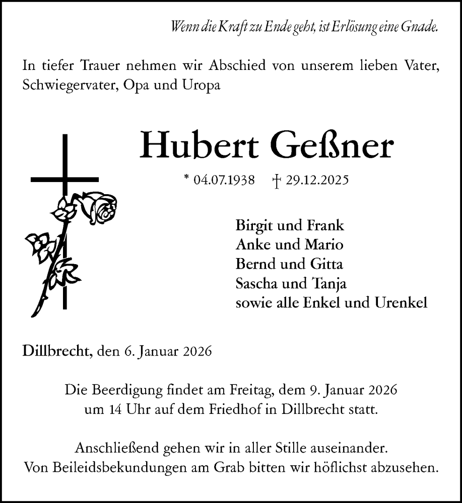  Traueranzeige für Hubert Geßner vom 06.01.2026 aus 