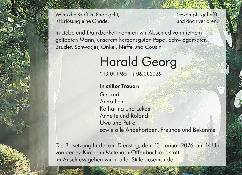  Traueranzeige für Harald  Georg vom 09.01.2026 aus Dill Block