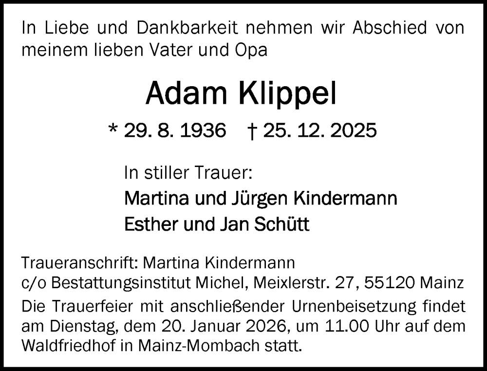  Traueranzeige für Adam Klippel vom 10.01.2026 aus Allgemeine Zeitung Mainz