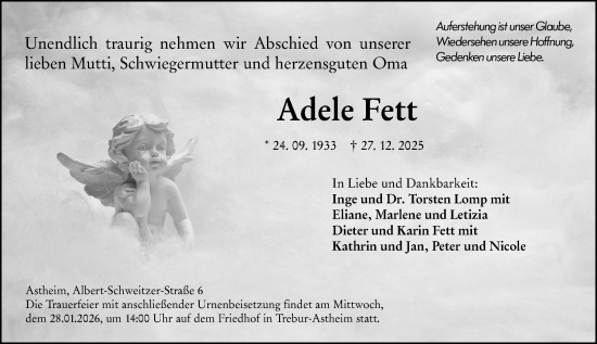 Traueranzeige von Adele Fett von Rüsselsheimer Echo