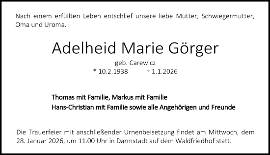 Traueranzeige von Adelheid Marie Görger von Darmstädter Echo