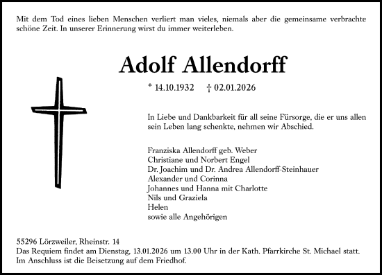 Traueranzeige von Adolf Allendorff von Allgemeine Zeitung Mainz