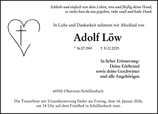 Traueranzeige von Adolf Löw von Odenwälder Echo