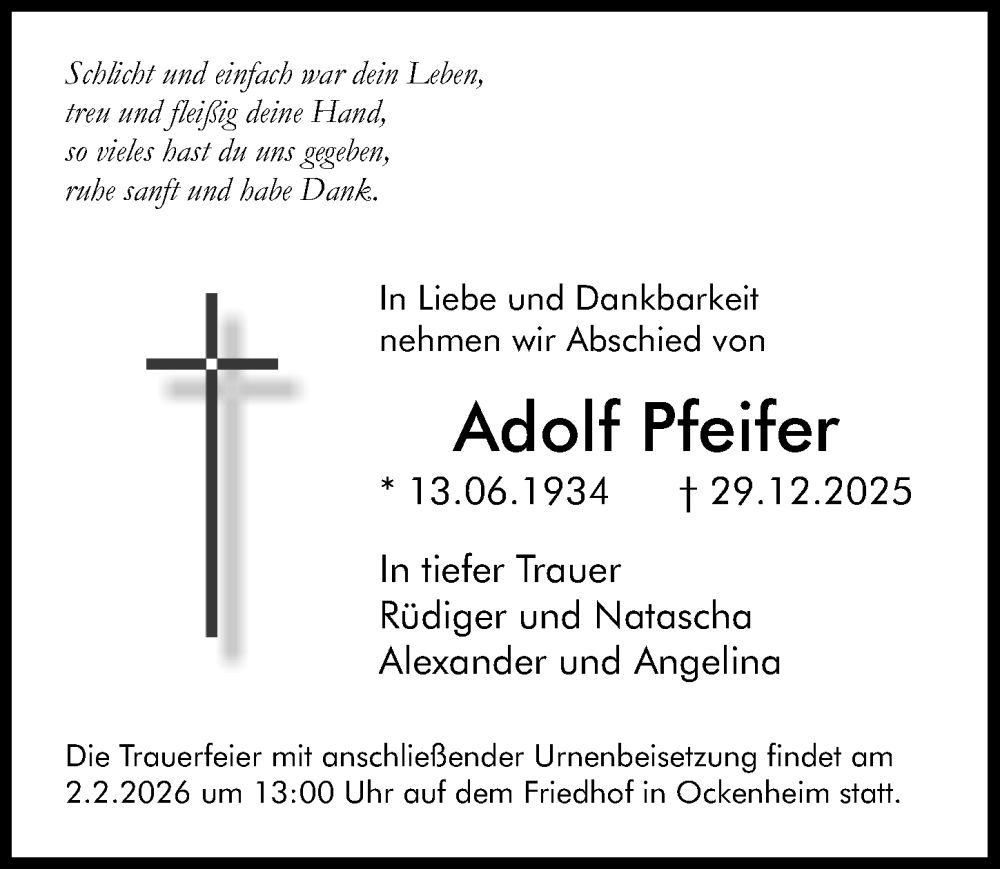  Traueranzeige für Adolf Pfeifer vom 10.01.2026 aus Allgemeine Zeitung Rheinhessen-Nahe