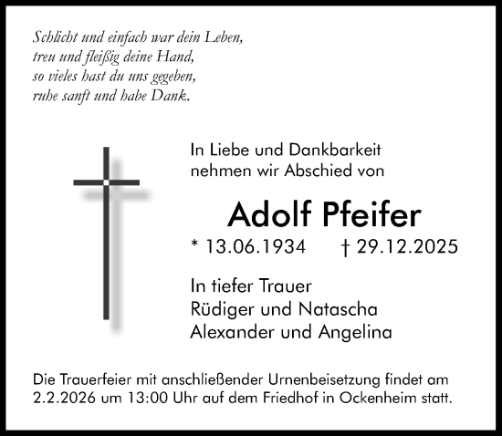 Traueranzeige von Adolf Pfeifer von Allgemeine Zeitung Rheinhessen-Nahe