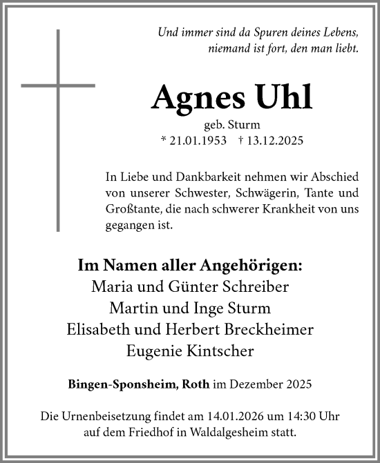 Traueranzeige von Agnes Uhl von Binger-/Ingelheimer Wochenblatt