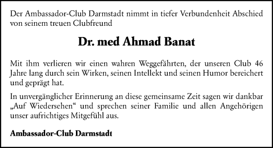 Traueranzeige von Ahmad Banat von Darmstädter Echo