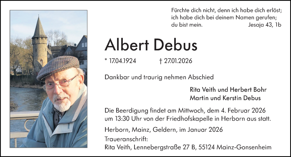  Traueranzeige für Albert Debus vom 31.01.2026 aus Dill Block
