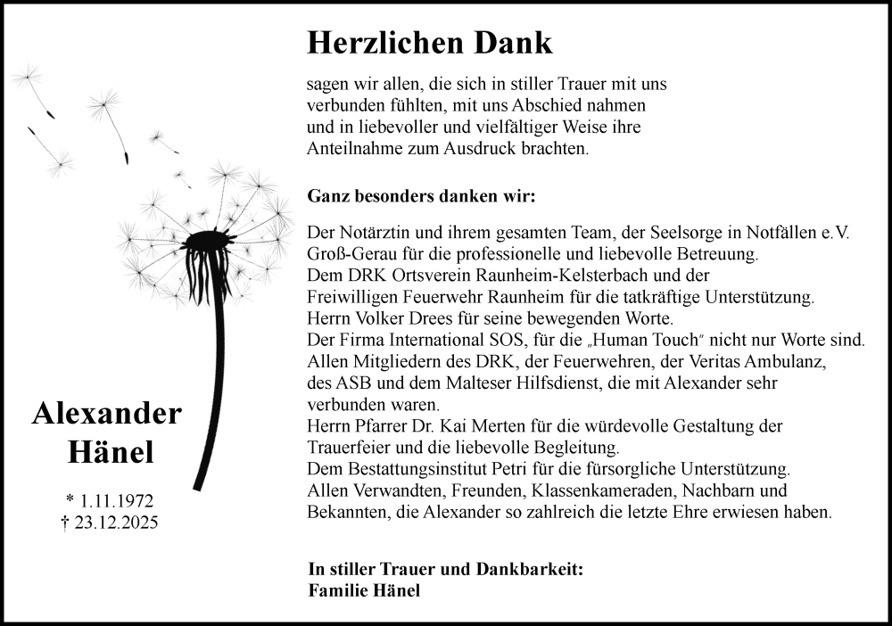  Traueranzeige für Alexander Hänel vom 31.01.2026 aus Rüsselsheimer Echo