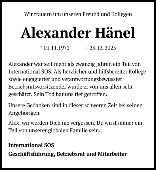 Traueranzeige von Alexander Hänel von Rüsselsheimer Echo