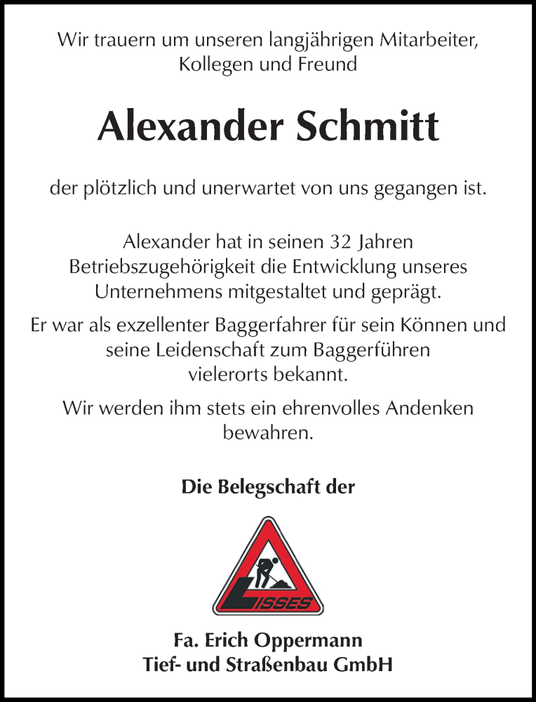  Traueranzeige für Alexander Schmitt vom 19.01.2026 aus Dill Block