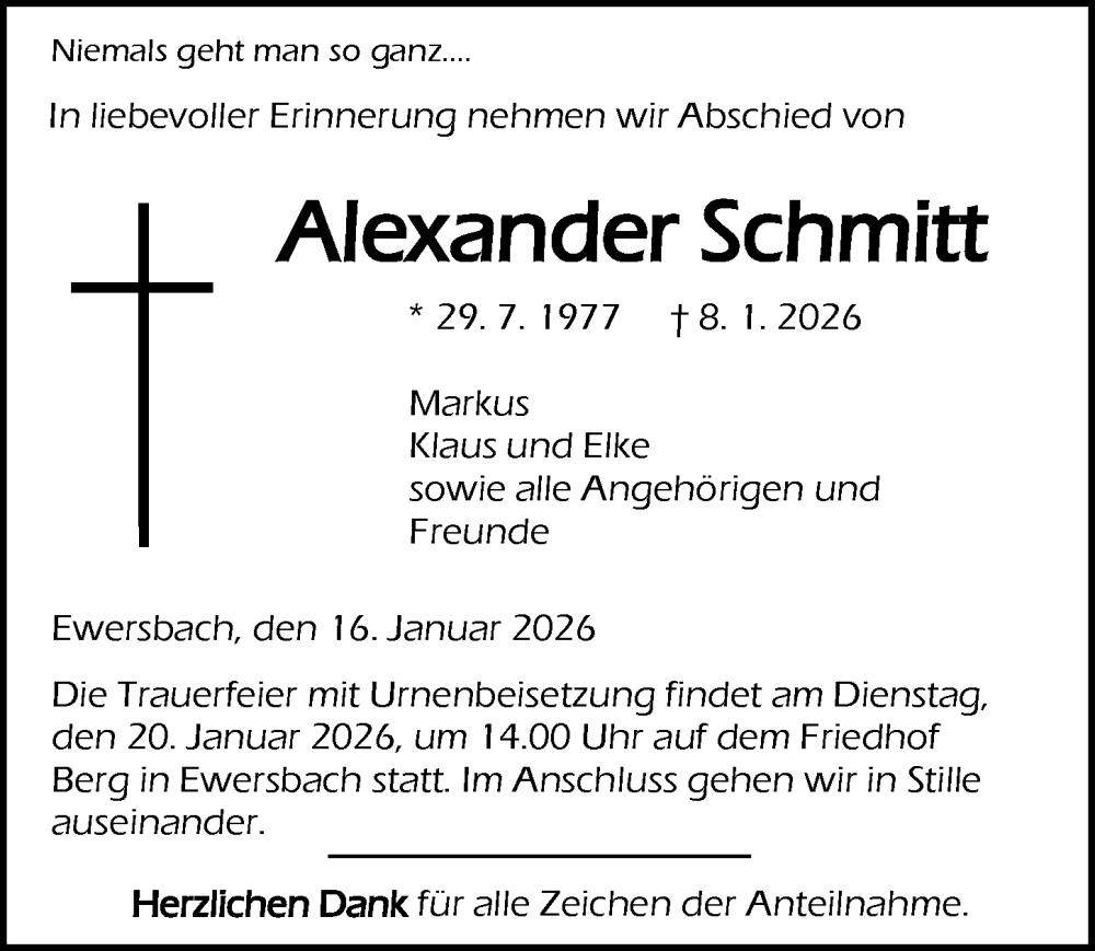  Traueranzeige für Alexander Schmitt vom 16.01.2026 aus Dill Block