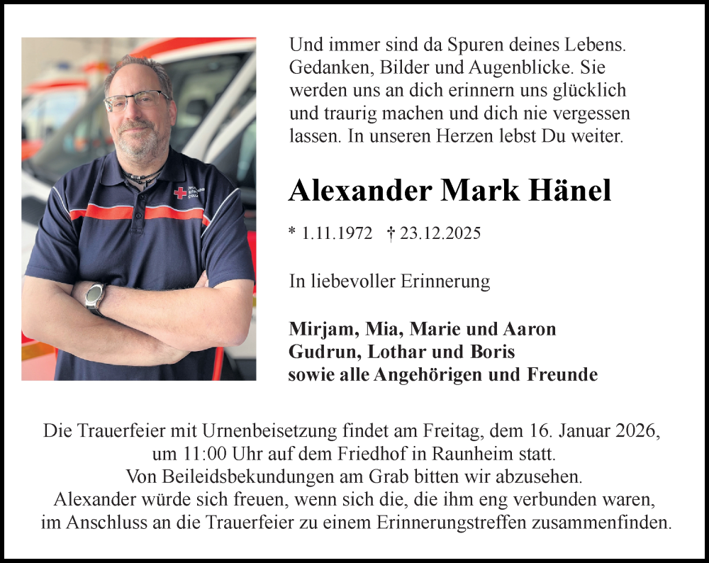  Traueranzeige für Alexander Mark Hänel vom 10.01.2026 aus Rüsselsheimer Echo