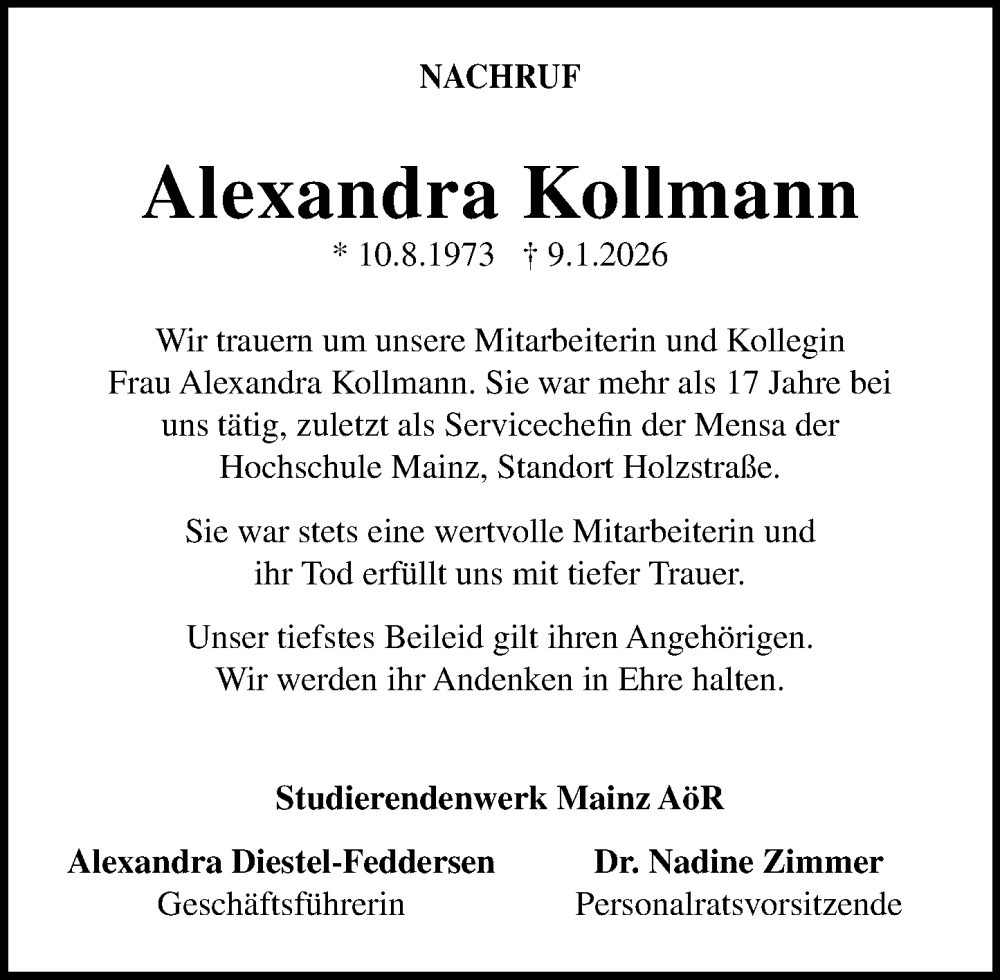  Traueranzeige für Alexandra Kollmann vom 24.01.2026 aus Allgemeine Zeitung Mainz