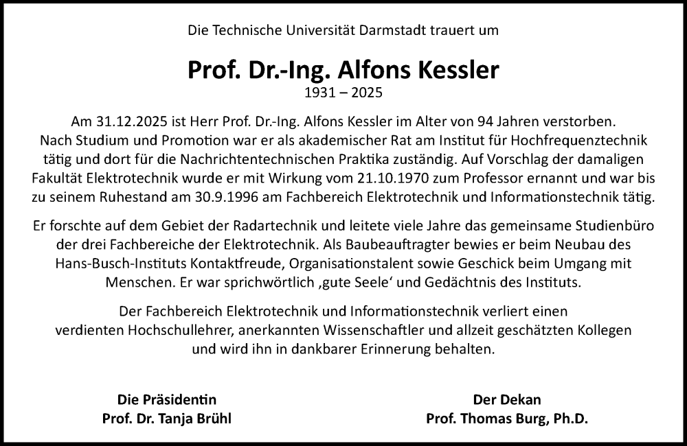  Traueranzeige für Alfons Kessler vom 31.01.2026 aus Darmstädter Echo