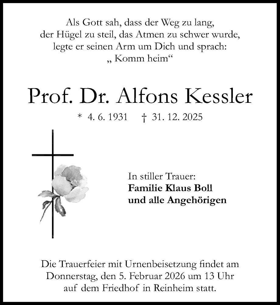  Traueranzeige für Alfons Kessler vom 31.01.2026 aus Darmstädter Echo