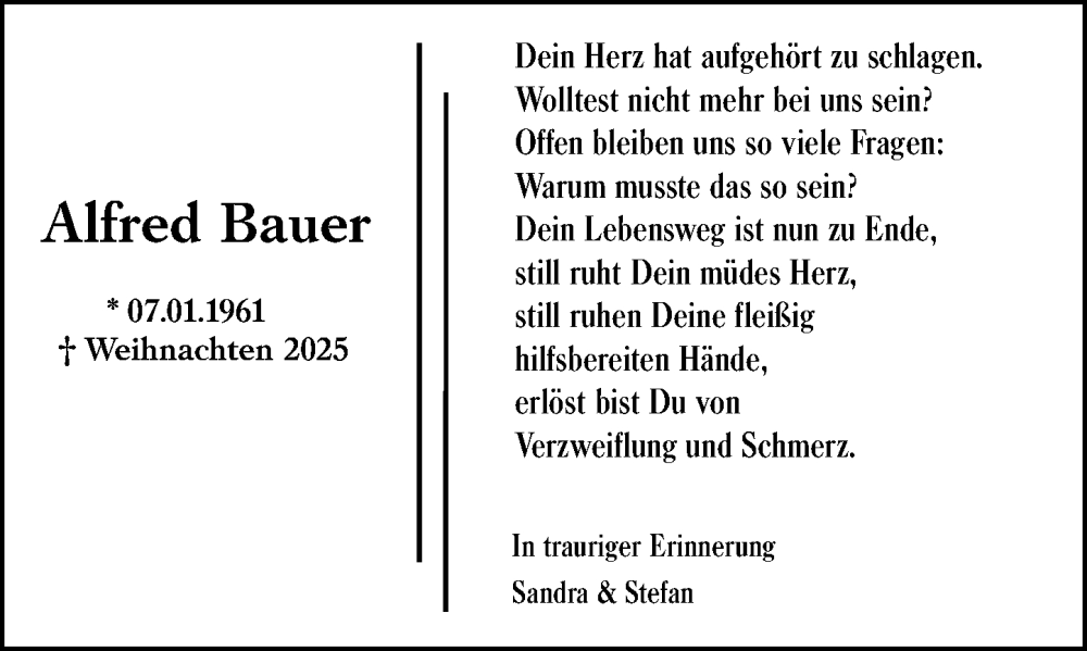  Traueranzeige für Alfred Bauer vom 24.01.2026 aus Groß-Gerauer Echo