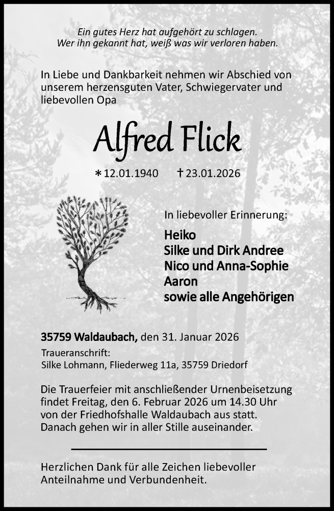  Traueranzeige für Alfred Flick vom 31.01.2026 aus Dill Block
