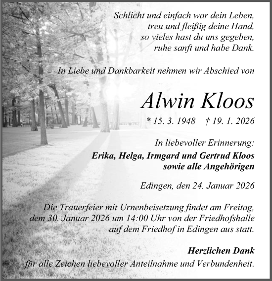 Traueranzeige von Alwin Kloos von Wetzlarer Neue Zeitung