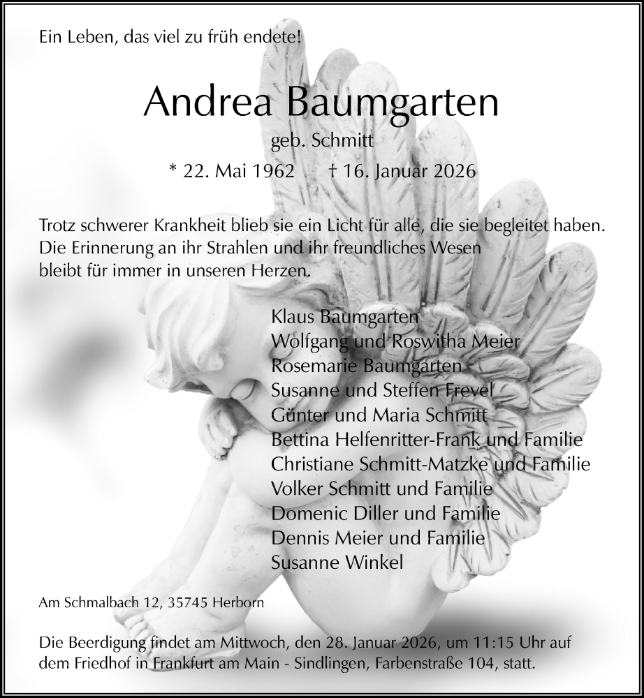  Traueranzeige für Andrea Baumgarten vom 24.01.2026 aus Dill Block
