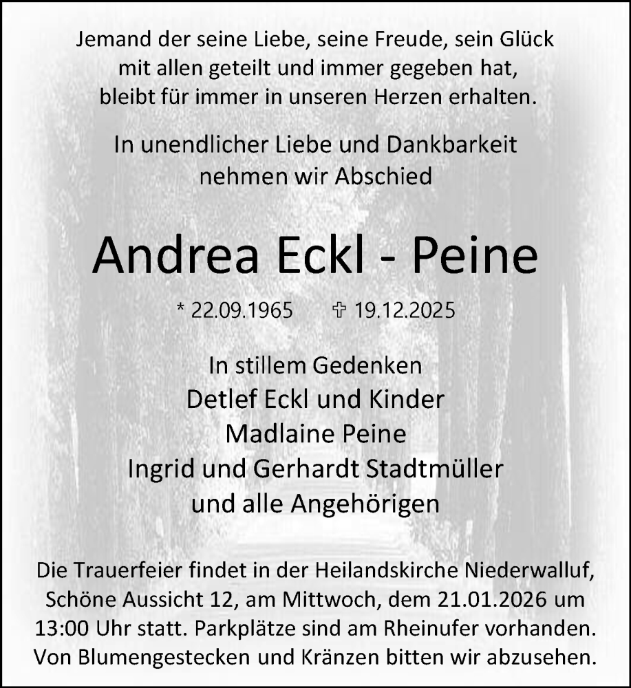  Traueranzeige für Andrea Eckl-Peine vom 17.01.2026 aus Wiesbadener Kurier